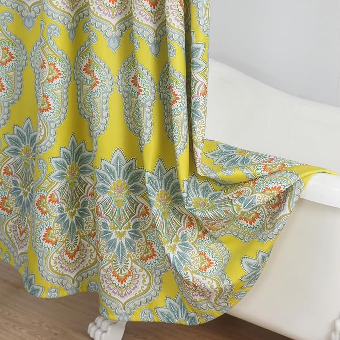 Fabric Shower Curtain, Yellow Orange Green Printed Boho Medallion Pattern Shower Curtains for Bathroom, Waterproof Bathroom Curtains, 72" W x 72" H