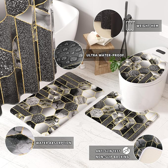 XLHOMO Bathroom Sets with Shower Curtain and Rugs - 4PC Black Geometric Shower Curtain Set with 12 Hooks, Toilet Cover, U-Shaped Mat and Rugs Modern Abstract Bathroom Accessories for Bathroom