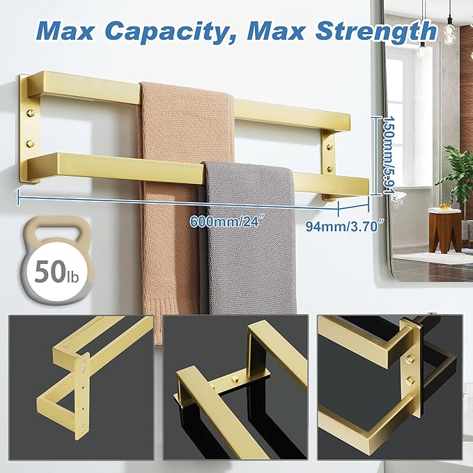 Alise Double Towel Bar, 24" Towel Racks for Bathroom Wall Mounted SUS304 Stainless Steel, Heavy Duty Bathroom Towel Holder, Quick Drying Towel Hanger, Brushed Gold