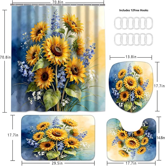 AZHM Watercolor Sunflower Shower Curtain Set 4 PCS Rustic Yellow Blue Floral Bathroom Accessory Sets with Non-Slip Bath Rugs, Toilet Lid Cover and U-Shaped Mat