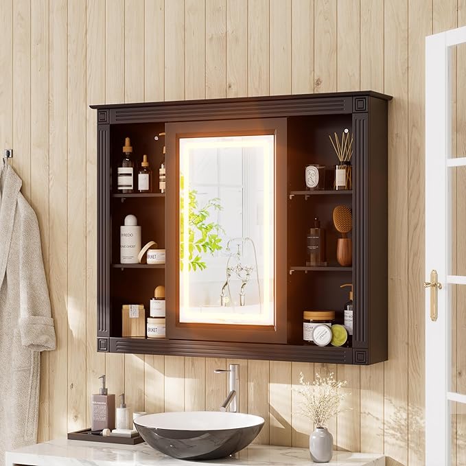 PAKASEPT Bathroom Medicine Cabinet with Mirror, Wood Medicine Cabinet Over The Toilet Storage Organizer with Mirrored Doors, Bathroom Wall Mirror Cabinet
