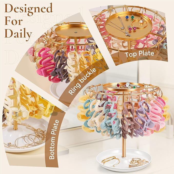 SNOWSTAR Claw Clip Organizer,Hair Clip Holder Stand with Tray, Hair Clip Storage Display Rack with 20 Golden Rings, Organizer Room Decor for Women and Girls