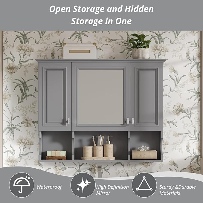 Bathroom Wall Cabinet with Mirror, Medicine Cabinet with 3 Doors and Adjustable Shelf, Space Saver Storage Cabinets Over The Toilet for Bathroom (35'' x 28'')