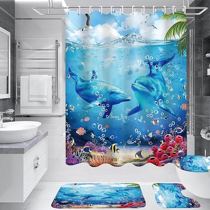 Yizheer 4Pcs Blue Ocean Dolphin Shower Curtain Sets with Rugs, Toilet Lid Cover and Bath Mat, Bathroom Shower Curtains Bathroom Decor Set
