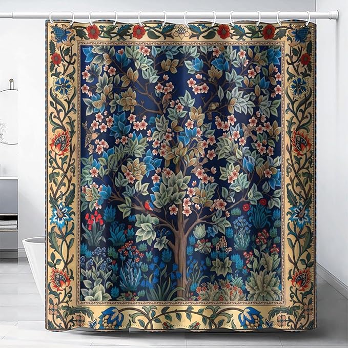 Boho Shower Curtains William Morris Art Retro Design Flower Trees Pattern Printed Shower Curtains 72""×84"" Inch, Style