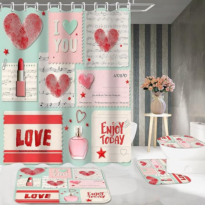 DDQQ 4Pcs Valentine's Day Shower Curtain Set Love Letter Post Office Bathroom Sets Modern Shower Curtain Set for Bathroom Sets with Rugs Red Love Shower Curtain with 12 Hooks