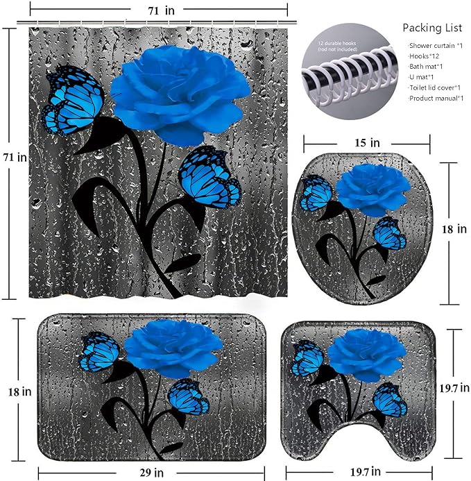 Poedist 4 Pcs Bathroom Set,Blue Rose Shower Curtain Sets, Floral Shower Curtain Sets with Rugs(Bath Mat,U Shape and Toilet Lid Cover Mat) and 12 Hooks
