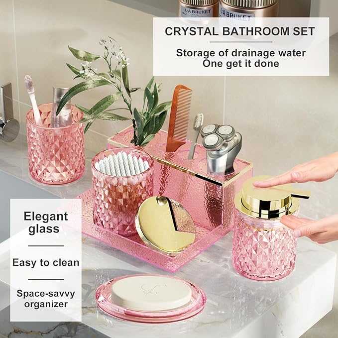 Pink Bathroom Accessories Set - 20PCS Glass Bathroom Set with Shower Curtain and Rugs, Soap Dispenser, Soap Dish, Cup, Qtip Jar, Toothbrush Holder, Stylish & Functional Bath Decor for Home, Apartment