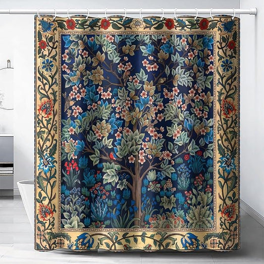 Boho Shower Curtains William Morris Art Retro Design Flower Trees Pattern Printed Shower Curtains 72""×72"" Inch, Style