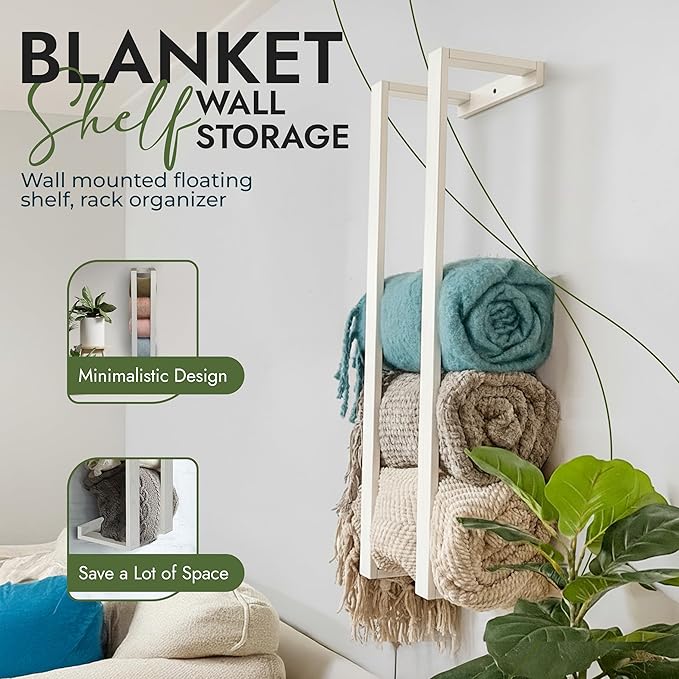 RELODECOR Blanket Wall Rack – Decorative Farmhouse Style Wooden Ladder – Rustic Quilt & Towel Holder – Wall Mounted Storage Rack for Living Room, Bedroom & Bathroom – Stylish White Design