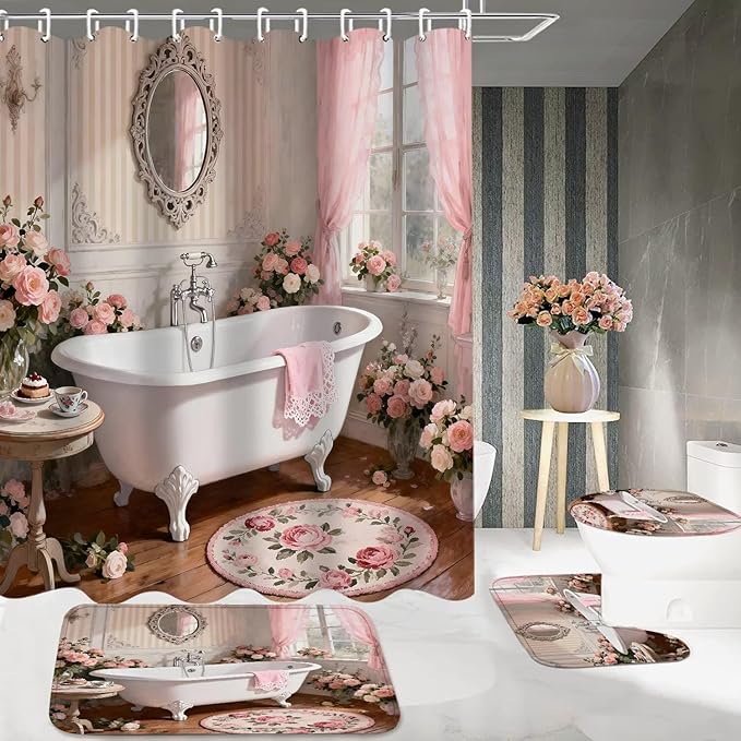 DDQQ 4 Pcs Pink Rose Shower Curtain Floral Bathroom Sets with Shower Curtain and Rugs Romantic Flowers Shower Curtain Set Women Bathroom Decor Bathroom Rug Set Toilet Lid Cover Hooks