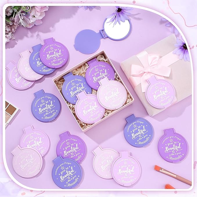 100 Pcs 2.76 Inch Inspirational Compact Mirror Bulk Women Small Gifts Graduation Party Favors Purse Mirror Pocket Mini Stuffer Items for Adult Coworker Cheerleader Employee (Purple Series)