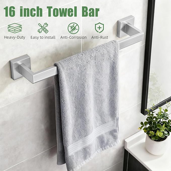 Brushed Nickel Bathroom Accessories Hardware Set, 7-Pieces Stainless Steel Towel Racks for Bathroom, 16 Inch Towel Bar, Towel Holders, Updated Toilet Paper Holder with Shelf Wall Mounted