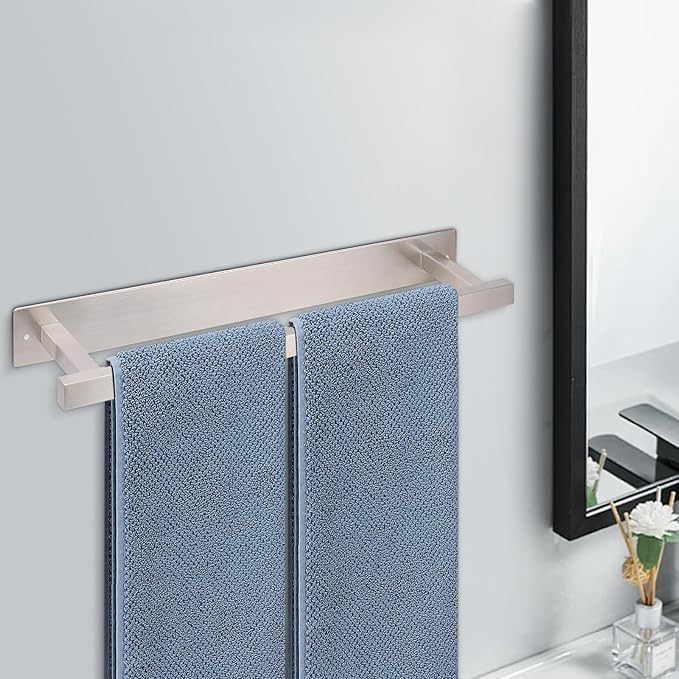 Self Adhesive Towel Bar, 16 Inch Square Towel Racks for Bathroom Wall Mounted SUS304 Stainless Steel Towel Hanger for Kitchen, No Drill or Screw-Mounted Towel Holder (Brushed Nickel)