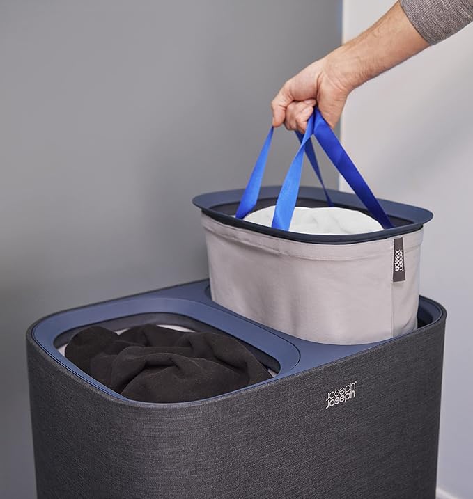Joseph Joseph Tota 90 liter/23.8 gallon Laundry Hamper Separation Basket with lid, 2 Removable Washing Bags with Handles - Dark Blue