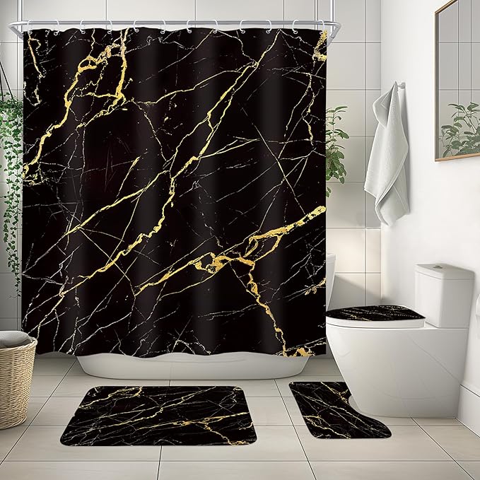 Newsely 4Pcs Black and Gold Marble Shower Curtain Set with Non-Slip Rugs, Toilet Lid Cover and Bath Mat, Abstract Crack Line Shower Curtain with 12 Hooks, Aesthetic Bath Curtain for Bathroom Decor