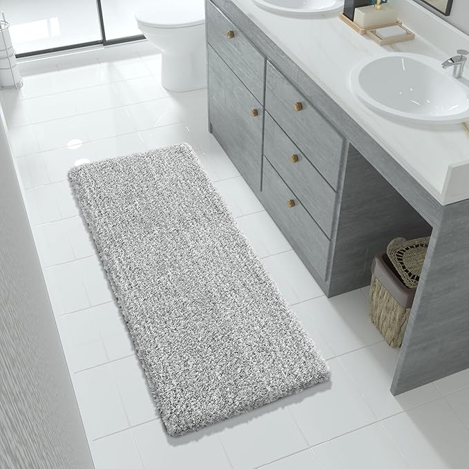 Yimobra Luxury Bathroom Rugs, Fluffy Bath Mats, Non Slip, Water Absorbent Microfiber, Machine Washable, Plush Runner Shower Rugs, Thick Matts for Bathroom Floor&Tub, 56"x 24", Light Gray and White