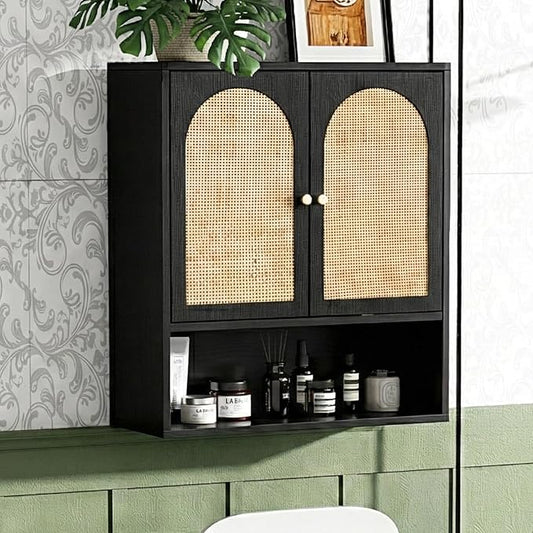VINGLI Black Rattan Medicine Cabinet Wall Mounted, Arched Modern Farmhouse Storage Over Toilet with Adjustable Shelf & Soft-Close Doors, Moisture-Resistant Cane Webbing Organizer