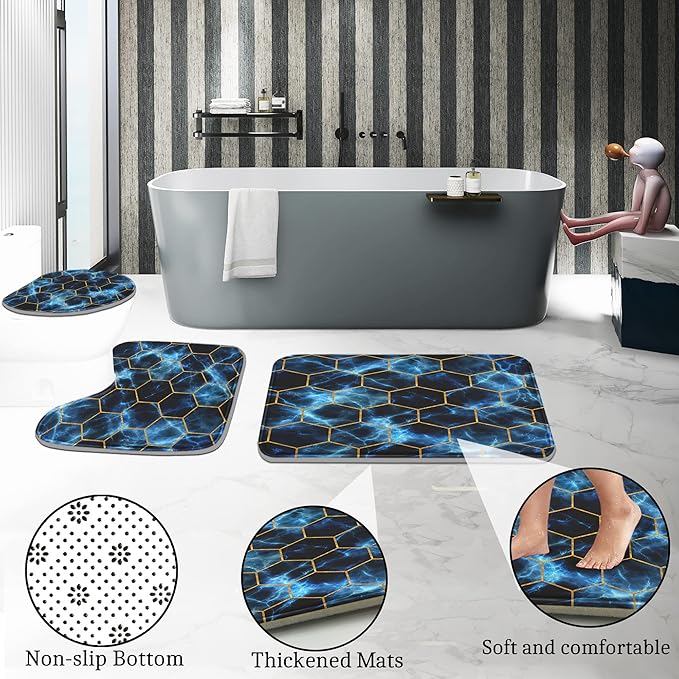 Poedist Shower Curtain Set with Rugs,Bathroom Accessory Set, Including Non-Slip Rugs,Toilet Lid Cover and Bath Mat, Waterproof Shower Curtain with 12 Hooks,Lightning Honeycomb Marble