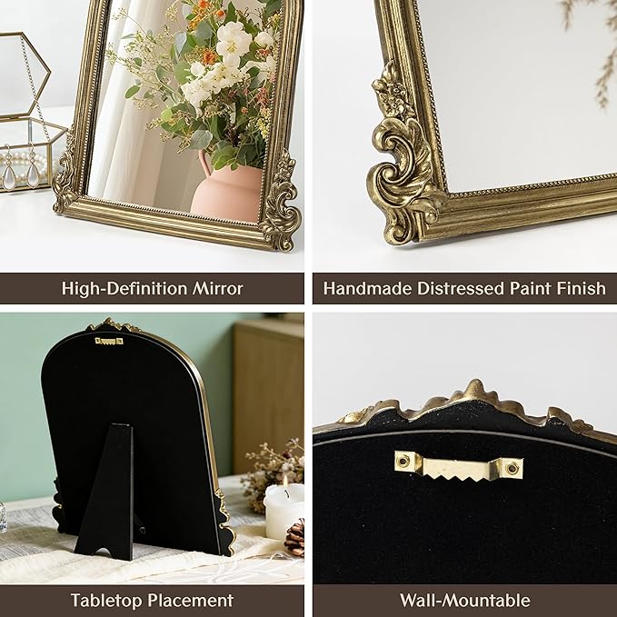 AELS 11.7"x10.8" Antique Gold Makeup Mirror, Vintage Arendahl Tabletop Vanity Mirror with Stand, Small Arched Mirror Wall Decor for Living Room Bedroom, Ornate Baroque Mirrors Luxury Home Decor