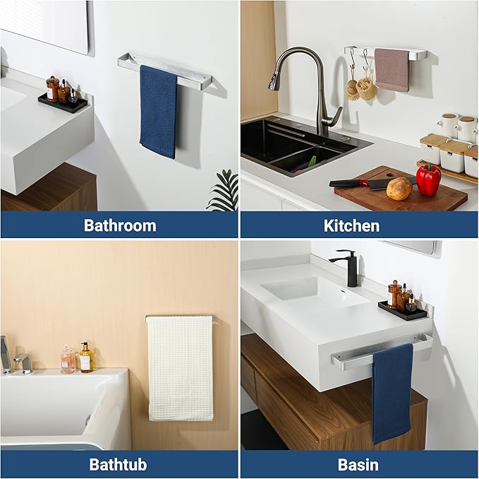 SAYAYO Brushed Nickel Hand Towel Holder for Bathroom Wall, 16 Inch Self Adhesive Towel Bar Hand Towel Rack Square Heavy Duty
