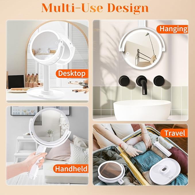 vpu Vanity Makeup Mirror with Lights, 10X/1X Double Sided Magnifying Light up Desk Mirror with Stand Cosmetic Organizer, 3 Color Brightness Adjustable 360° Rotation Detachable for Travel