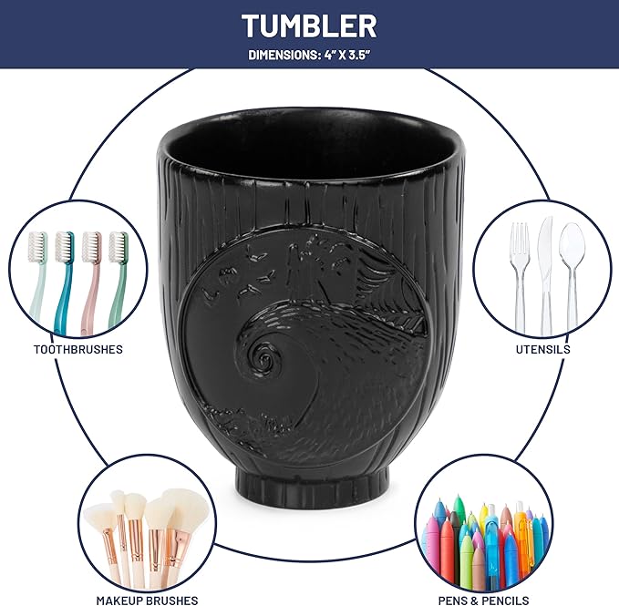Jay Franco Disney Nightmare Before Christmas Organizer Set - 4 Piece Black and White Accessories Includes Resin Soap Dispenser, Sponge Holder, Toothbrush Holder and Tumbler - Bathroom Décor