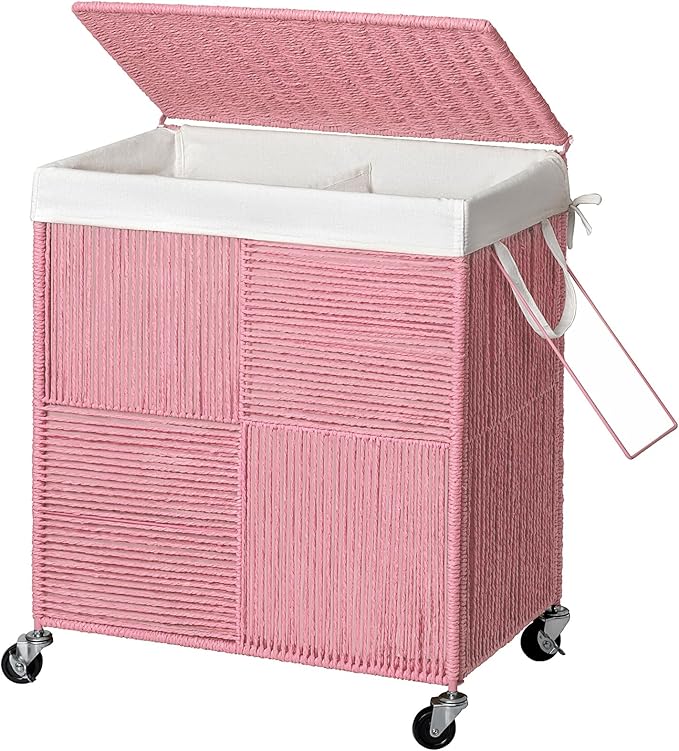 WOWLIVE Double Laundry Hamper with Lid, Handwoven Rolling Laundry Basket with Wheels, 115L Dirty Clothes Hamper with Removable Liner Bag Large Capacity Laundry Sorter Laundry Room Organization,Pink