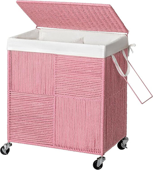 WOWLIVE Double Laundry Hamper with Lid, Handwoven Rolling Laundry Basket with Wheels, 115L Dirty Clothes Hamper with Removable Liner Bag Large Capacity Laundry Sorter Laundry Room Organization,Pink