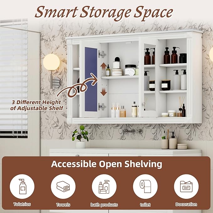 Merax Bathroom Medicine Cabinet with Mirror Door & Adjustable Shelf, 48" x 28" Wall Mounted Bathroom Storage Cabinet with Mirror, Over The Toilet