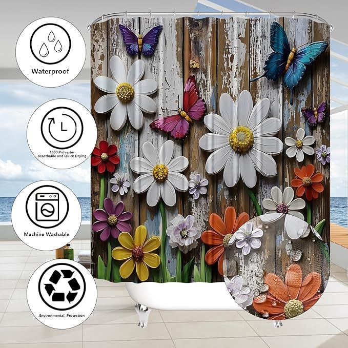 ZLQQ 4Pcs Daisy Butterfly Shower Curtain Sets with Rugs Garden Bathroom Set with Non-Slip Rugs Toilet Lid Cover and Bath Mat Vintage Shower Curtain with 12 Hooks, Durable Bathroom Decor Set