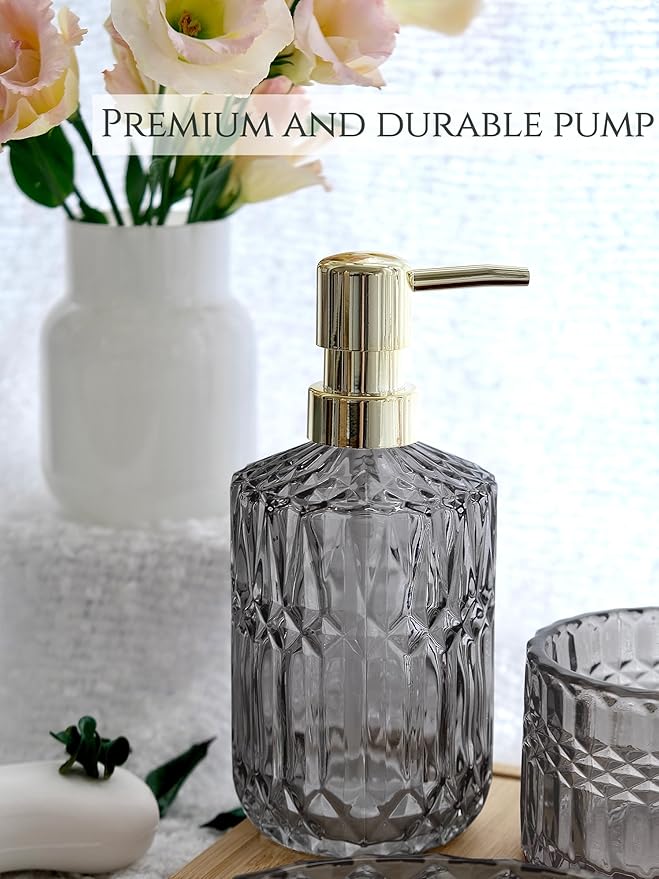LaMarriti Gray Bathroom Accessories Set, 5Pcs Clear Glass Bathroom Sets, Soap Dispenser, Soap Dish, Toothbrush Holder Set, Cotton Swab Jar, Black and Gold Accent for Vintage Bathroom Decor, Gift Set