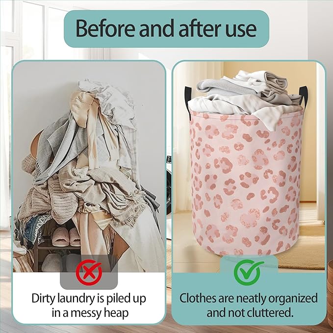 Pink Leopard Print Round Laundry Basket Collapsible Laundry Hamper with Handles Toys Clothes Organizer Bin For Home Bathroom Bedroom Dorm Nursery