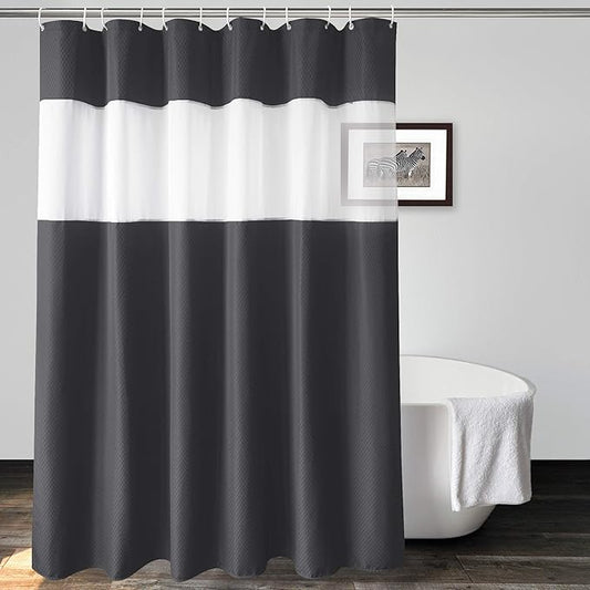 UFRIDAY Waffle Weave Fabric Shower Curtain with Mesh Window, Heavy Duty Decorative Bathroom Curtain with White Pique Pattern, Spa-Like Hotel Luxury, Water-Repellent,72x 78Inches