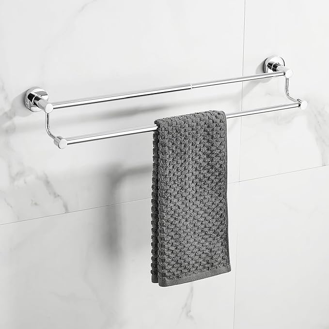 Adjustable Double Towel Racks for Bathroom 15 to 26.5 Inch Towel Bar, Expandable Bright Chrome Double Bath Towel Holder, Wall Mount with Screws Towel Bar Rod