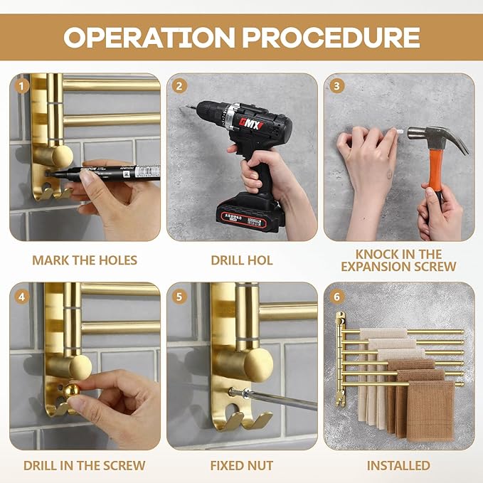 Teenyyou 16.5 Inches Swivel Towel Rack 304 Stainless Steel 6 Arms Bathroom Towel Rack Hanger Pool Holder Wall Mounted Swivel Bar Space Saving with Hook(Gold)
