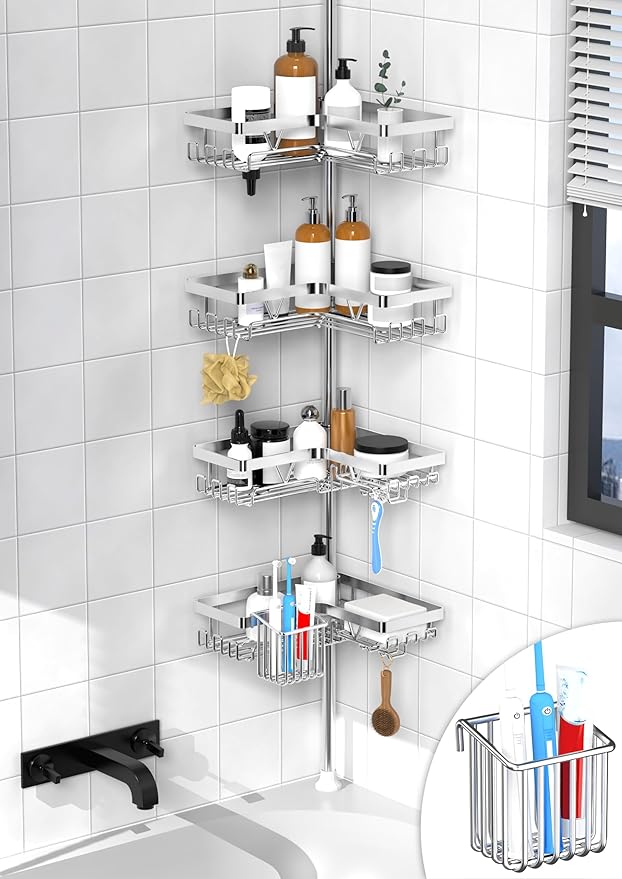 KEGII Shower Caddy Corner Tension Pole - Adjustable Corner Shower Organizer with Tooth Brush Holder, No Drilling Rustproof Bathroom Shelf Storage Rack, Fits 25-114.2 Inch, Silver