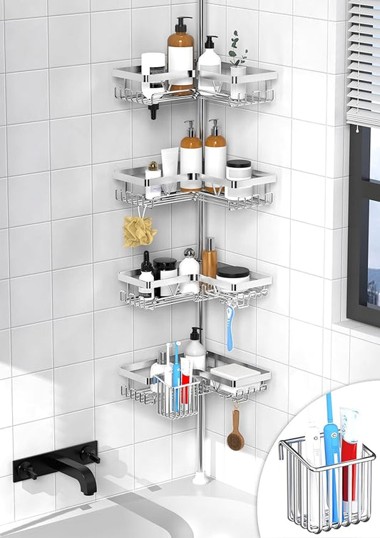 KEGII Shower Caddy Corner Tension Pole - Adjustable Corner Shower Organizer with Tooth Brush Holder, No Drilling Rustproof Bathroom Shelf Storage Rack, Fits 25-114.2 Inch, Silver