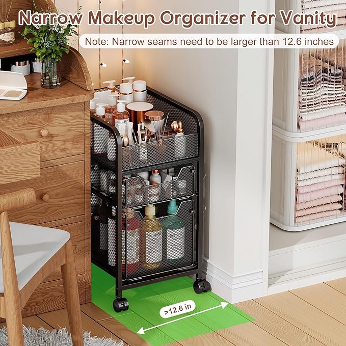 Rolling Makeup Cart Organizer with 2 Drawers, Narrow Floor Skincare Organizers, Vanity Organizer Cosmetics Display Cases Holder for Skin Care Nail Polish Perfume Makeup Brush, Black