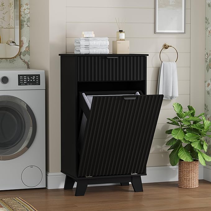 Wodeer Tilt Out Laundry Hamper Cabinet with Storage and Drawer, 10 Gallon Fluted Hidden Trash Can Cabinet, Farmhouse Wood Laundry Basket Cabinets for Bathroom, Kitchen, Black