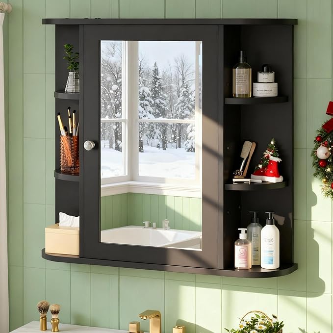 DL-win Bathroom Medicine Cabinet with Mirror, Wall Mounted Home Storage with Door, Over The Toilet Space Saver Storage Cabinet, Bathroom Cabinet Wall Mounted, Black
