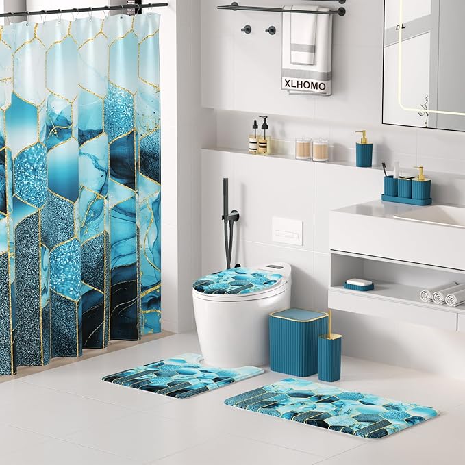 XLHOMO Bathroom Set - 26PC Bathroom Set with Shower Curtain and Rugs, Bathroom Accessory Set, Teal Bathroom Accessories Set, Trash Can & Soap Dispenser
