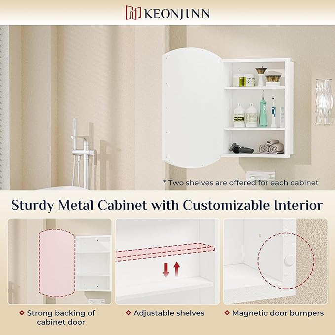 Keonjinn Medicine Cabinet 16 x 26 Inch, Surface Mount or Recessed Cabinets with Mirrors, White Metal Framed Wall Mirror with Storage, 2 Adjustable Shelves, Beveled Edge Frame