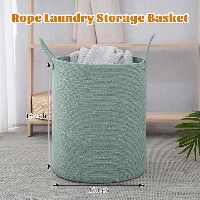 Woven Basket Nursery Laundry Hamper with Handles, Clothes Storage Organizer, Woven Basket for Boy Room Decor, Toy & Blanket Storage Bin, 15x15x18 Inch,Green,1pc
