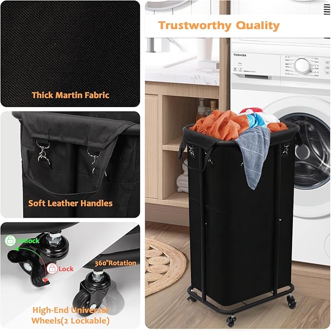 Longzhuo 47.55 Gal(180L) Laundry Basket with Wheels, Rolling Laundry Basket, Large Laundry Hamper, Metal Wheeled, for Hotel, Bedroom, Laundry Room Organization, Black