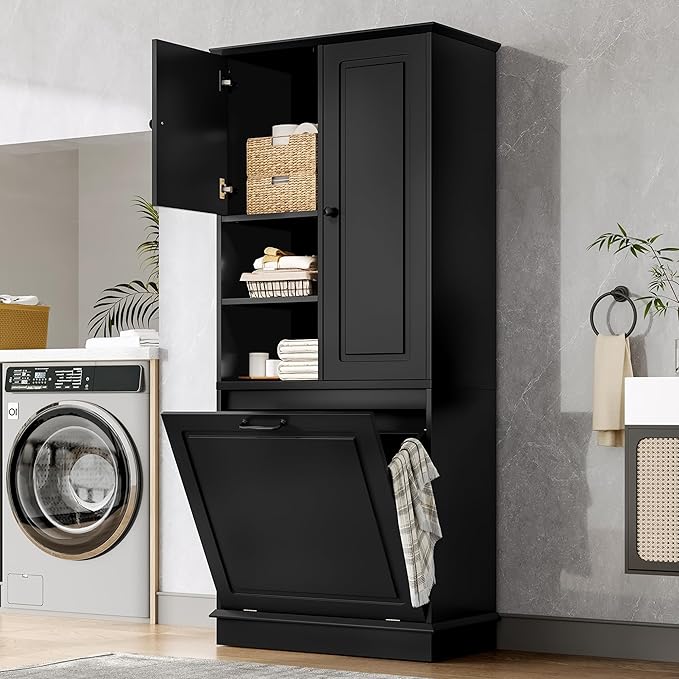Virubi Tall Laundry Cabinet with Tilt Out Hamper, Wood Tall Laundry Room Cabinets with Doors, and Adjustable Shelves, for Bathroom Storage Organization, Freestanding, Black