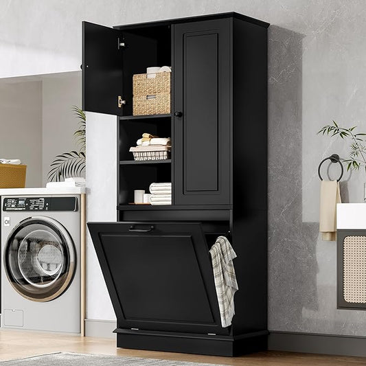 Virubi Tall Laundry Cabinet with Tilt Out Hamper, Wood Tall Laundry Room Cabinets with Doors, and Adjustable Shelves, for Bathroom Storage Organization, Freestanding, Black