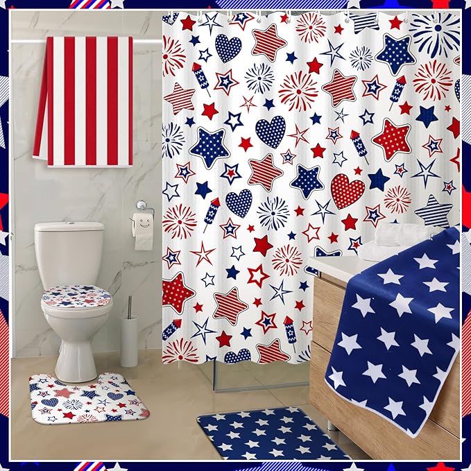 Nuanchu 6 Pcs Patriotic Shower Curtain Set with Rug 4th of July Star Bathroom Sets with Shower Curtain Bath Mat U Shaped Mat Toilet Lid Cover 2 Bath Towels and 12 Hooks Independence Day Bathroom Decor