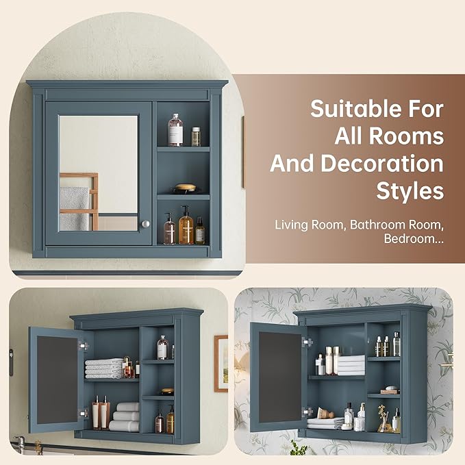 Merax Bathroom Medicine Cabinet with Mirror, 30" x 28" Wall Mounted Medicine Cabinet with Single Door and Shelves, Over The Toilet Mirrored Bathroom Storage Wall Cabinet