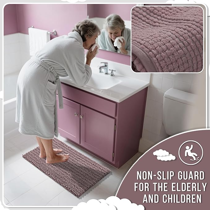Yimobra Large Bathroom Rugs Non Slip Washable 36x24 Inch - Ultra Soft Absorbent Chenille Bath Mat, Quick Dry Shaggy Floor Carpet for Tub Shower, Mauve Home Decor Accessories